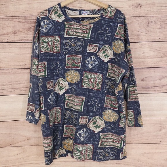 VINTAGE EXTRA ELEMENTS AZTEC PULLOVER WOMENS TOP SHIRT SIZE 18 18W USA MADE 90s - Picture 1 of 7
